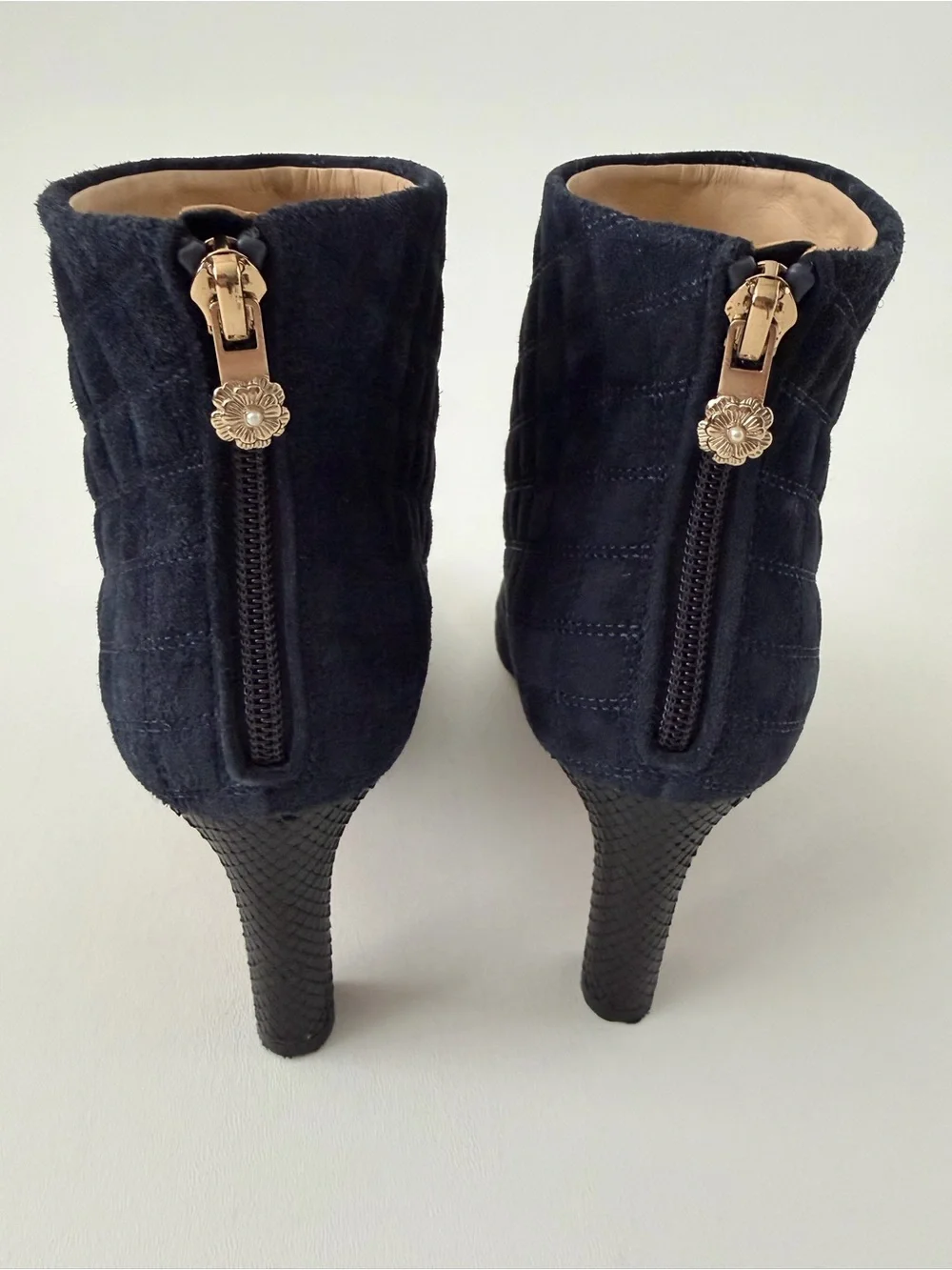 CHANEL | Quilted Suede CC Python Cap Toe Camellia Navy Black Booties EU 37.5